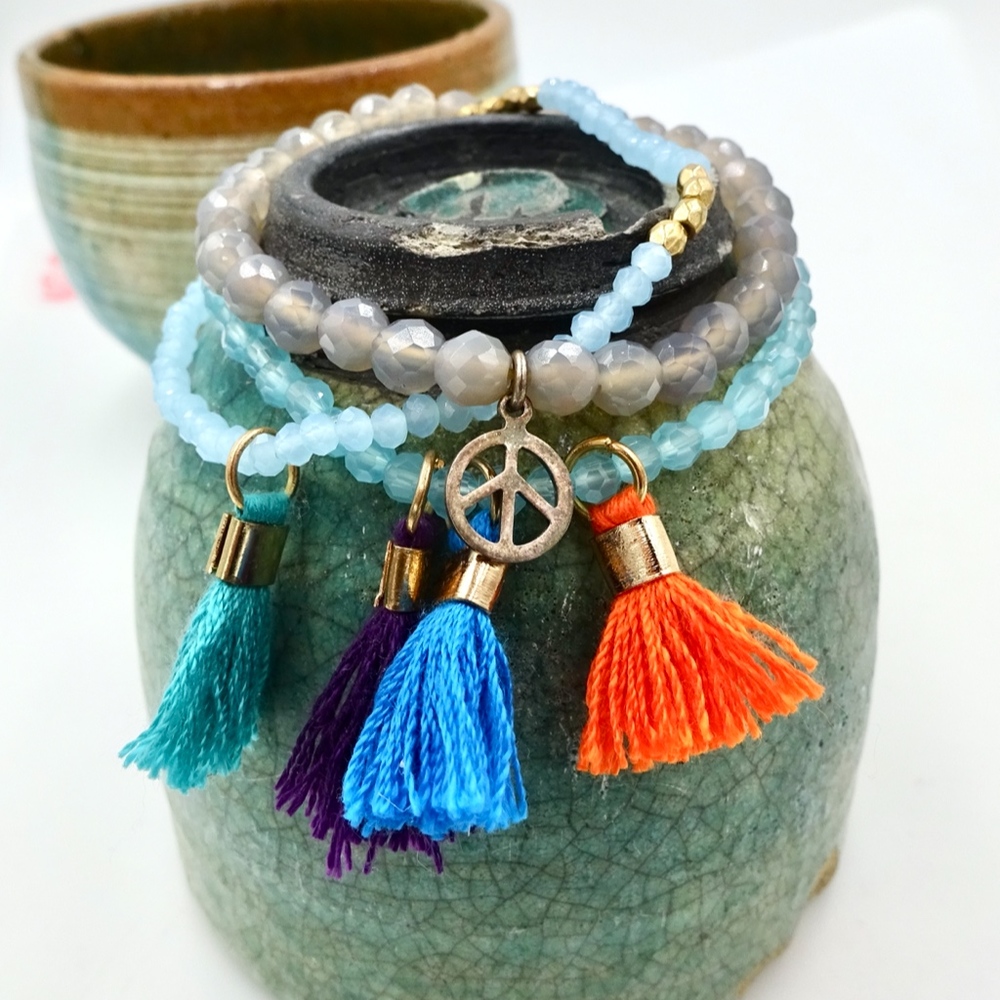 CRYSTAL BEAD & TASSEL STRETCH BRACELETS
